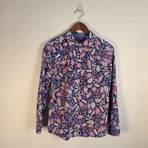 Talbots Womens Medium Navy Paisley Floral Cotton Button Down Shirt Long Sleeve